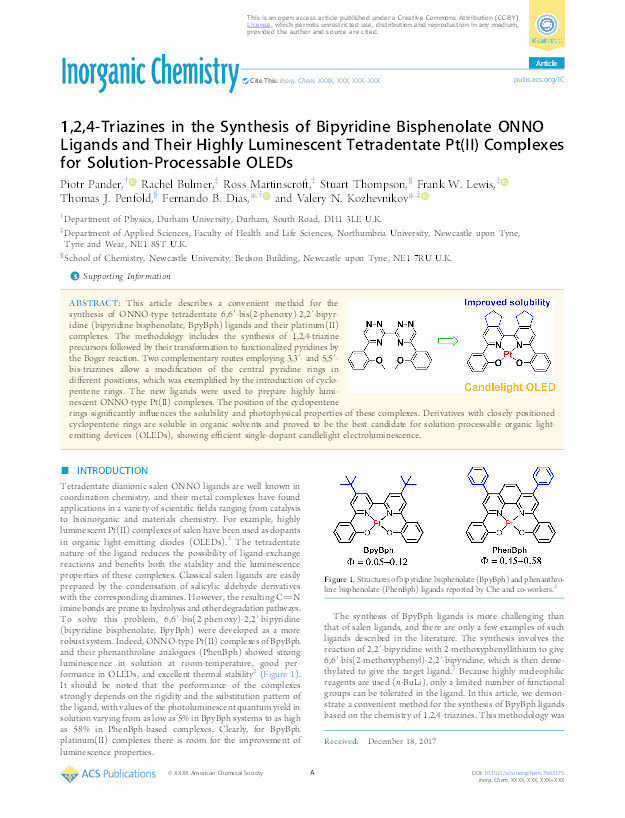 1,2,4-Triazines in the Synthesis of Bipyridine Bisphenolate O^N^N^O Ligands and Their Highly Luminescent Tetradentate Pt(II) Complexes for Solution-Processable OLEDs Thumbnail