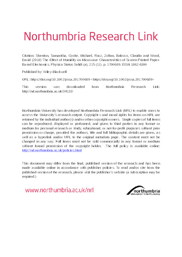 The Effect of Humidity on Microwave Characteristics of 2 Screen Printed Paper-Based Electronics Thumbnail