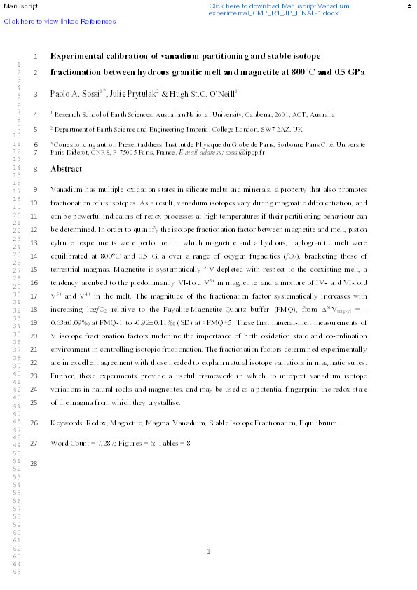 Experimental calibration of vanadium partitioning and stable isotope fractionation between hydrous granitic melt and magnetite at 800 °C and 0.5 GPa Thumbnail