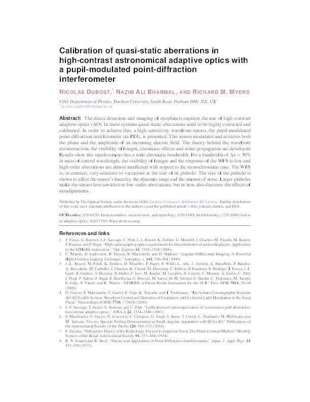 Calibration of quasi-static aberrations in high-contrast astronomical adaptive optics with a pupil-modulated point-diffraction interferometer Thumbnail