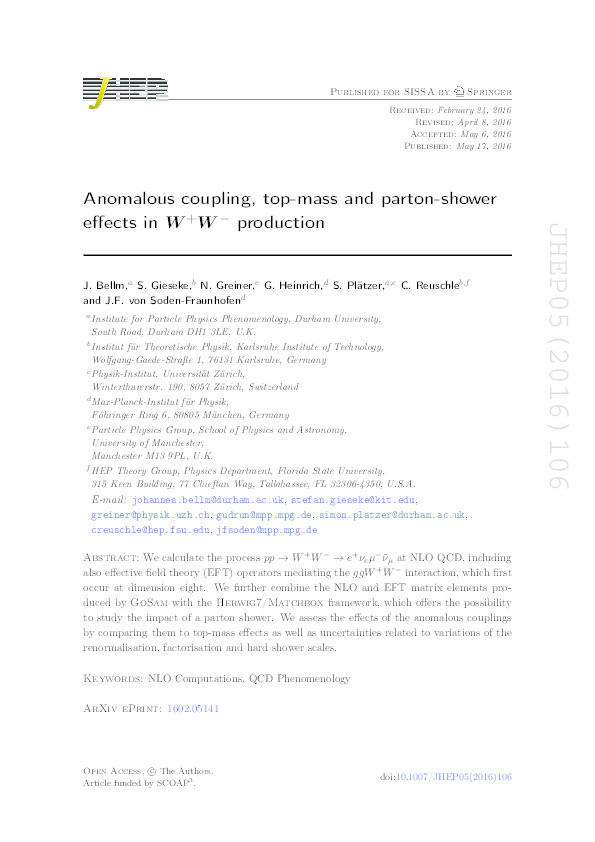 Anomalous coupling, top-mass and parton-shower effects in W + W − production Thumbnail