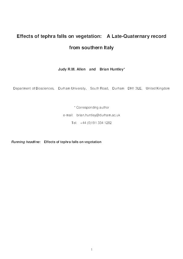 Effects of tephra falls on vegetation: A Late-Quaternary record from southern Italy Thumbnail