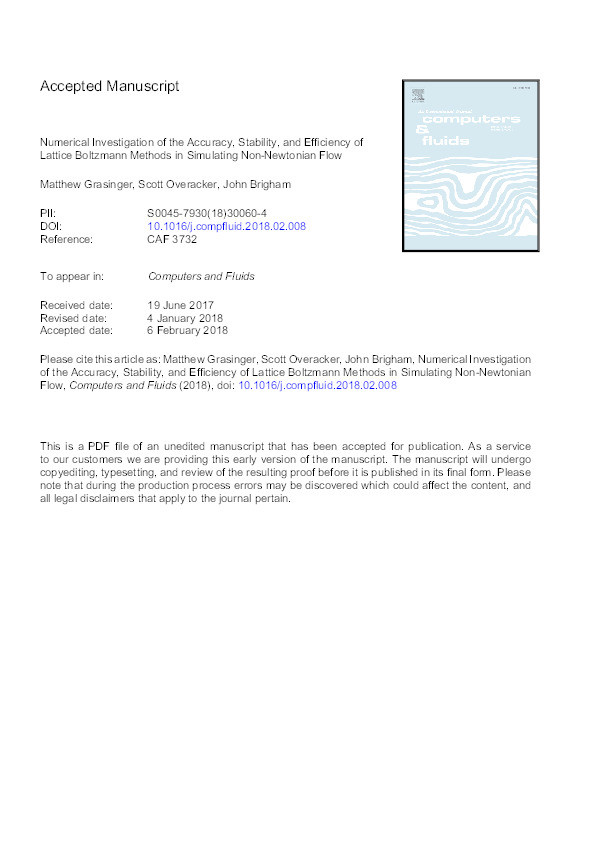 Numerical Investigation of the Accuracy, Stability, and Efficiency of Lattice Boltzmann Methods in Simulating Non-Newtonian Flow Thumbnail