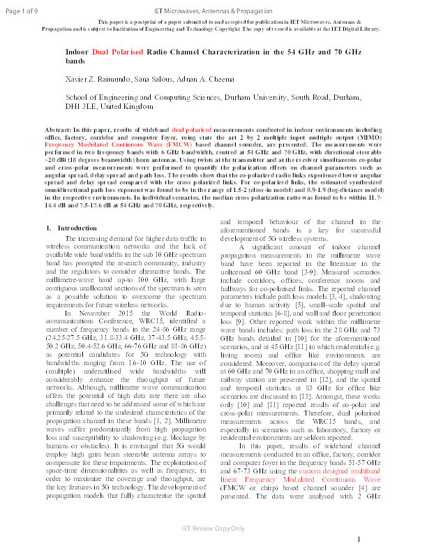 Indoor Dual Polarised Radio Channel Characterization in the 54 GHz and 70 GHz bands Thumbnail