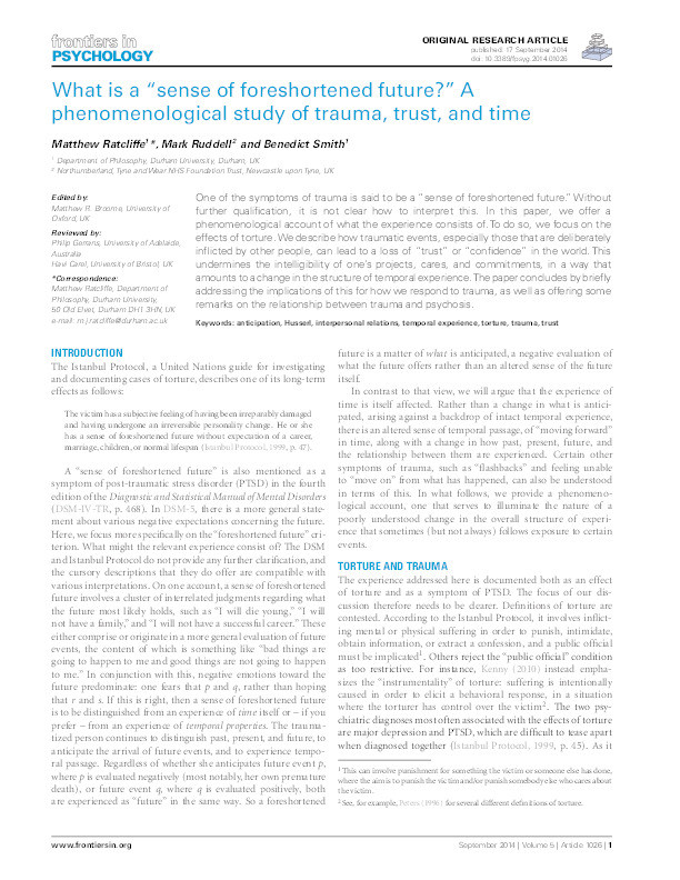 What is a “sense of foreshortened future?” A phenomenological study of trauma, trust, and time Thumbnail