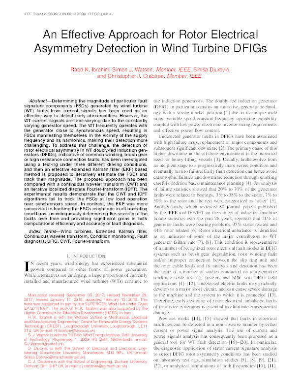 An Effective Approach for Rotor Electrical Asymmetry Detection in Wind Turbine DFIGs Thumbnail