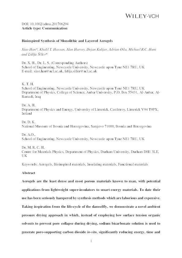 Bioinspired Synthesis of Monolithic and Layered Aerogels Thumbnail