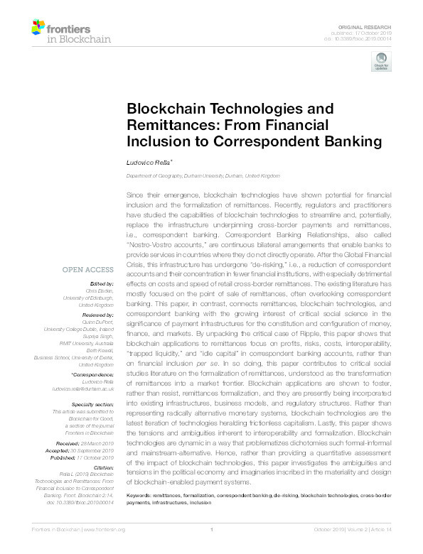 Blockchain technologies and remittances: From financial inclusion to correspondent banking Thumbnail
