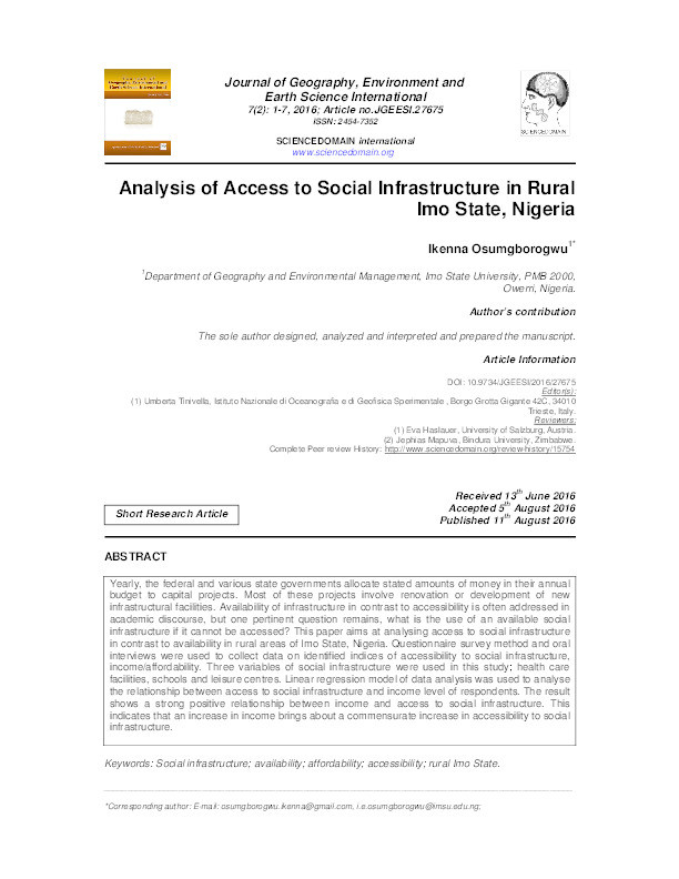 Analysis of Access to Social Infrastructure in Rural Imo State, Nigeria Thumbnail