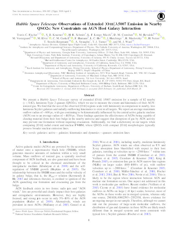 Hubble Space Telescope Observations of Extended [O iii]λ 5007 Emission in Nearby QSO2s: New Constraints on AGN Host Galaxy Interaction Thumbnail