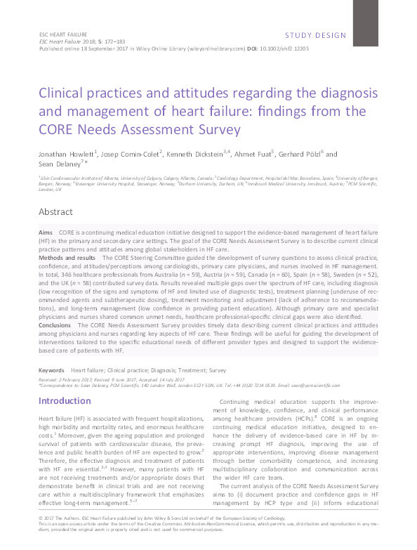Clinical practices and attitudes regarding the diagnosis and management of heart failure: findings from the CORE Needs Assessment Survey Thumbnail