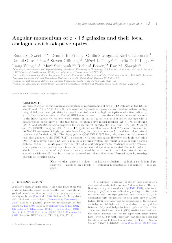Angular momentum of z ∼ 1.5 galaxies and their local analogues with adaptive optics Thumbnail