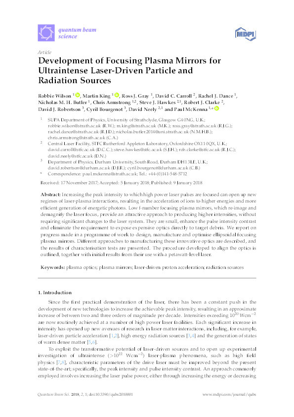 Development of Focusing Plasma Mirrors for Ultraintense Laser-Driven Particle and Radiation Sources Thumbnail