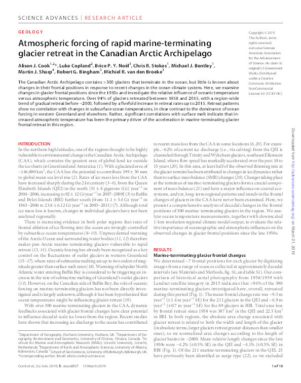 Atmospheric forcing of rapid marine-terminating glacier retreat in the Canadian Arctic Archipelago Thumbnail