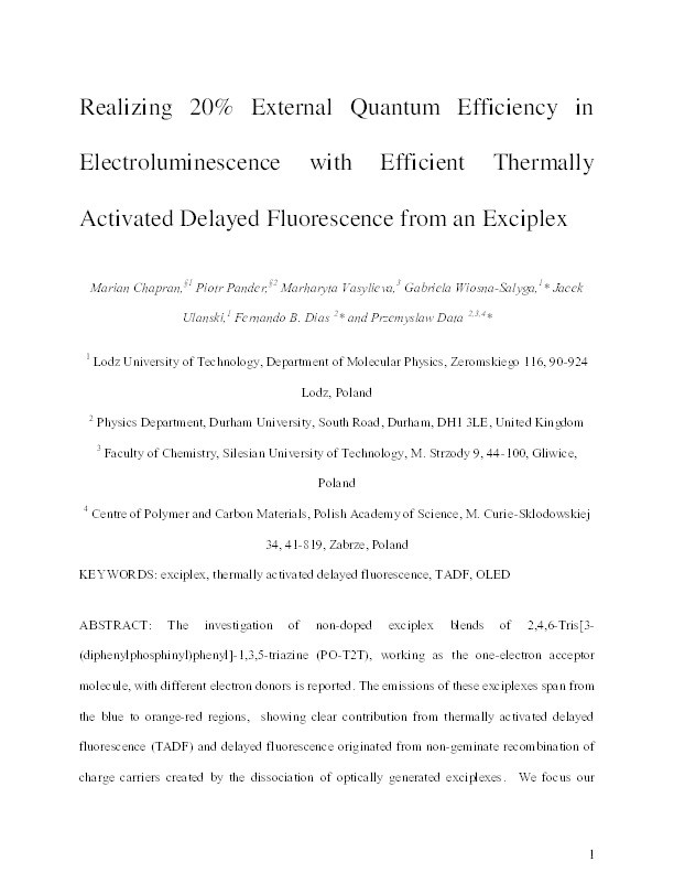 Realizing 20% External Quantum Efficiency in Electroluminescence with Efficient Thermally Activated Delayed Fluorescence from an Exciplex Thumbnail
