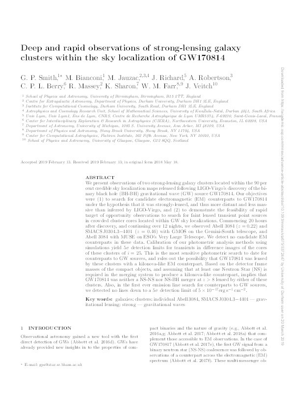 Deep and rapid observations of strong-lensing galaxy clusters within the sky localization of GW170814 Thumbnail