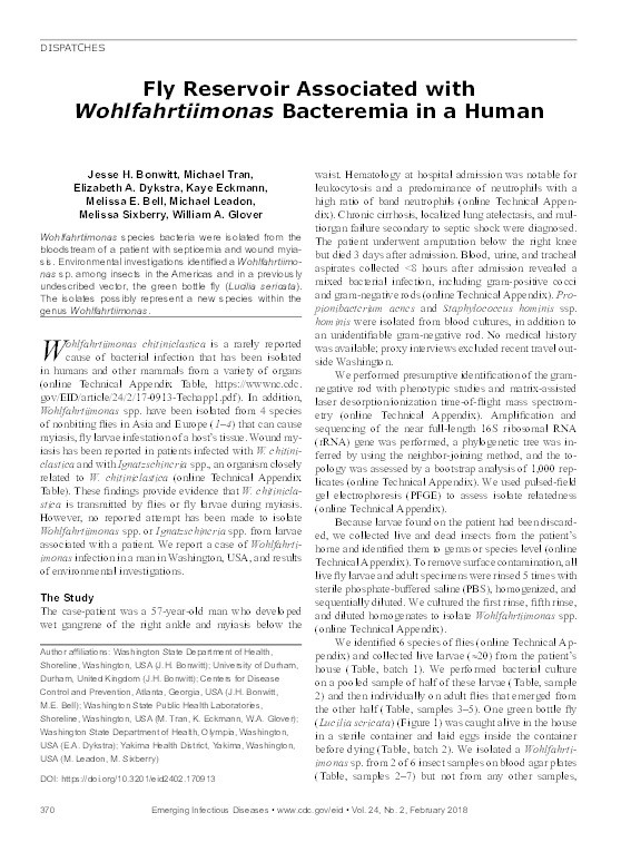 Fly Reservoir Associated with Wohlfahrtiimonas Bacteremia in a Human Thumbnail