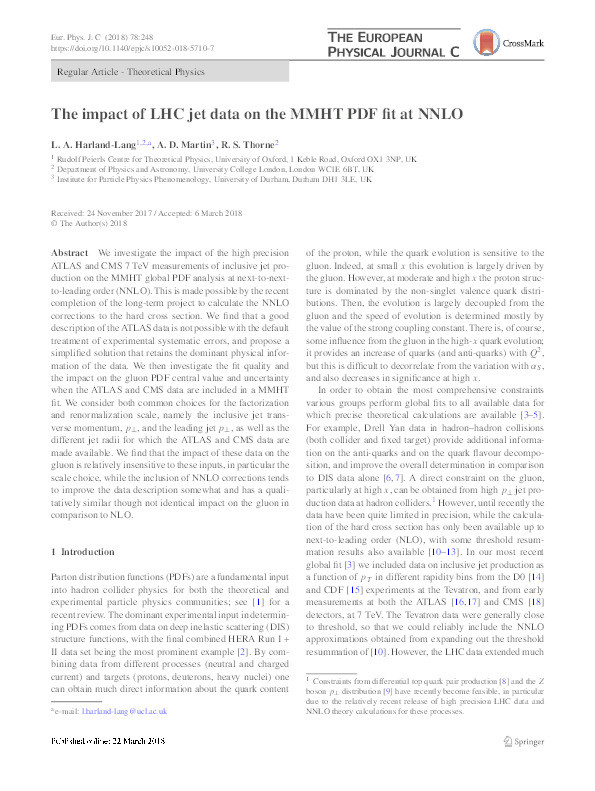 The impact of LHC jet data on the MMHT PDF fit at NNLO Thumbnail