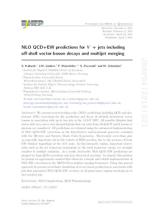 NLO QCD+EW predictions for V + jets including off-shell vector-boson decays and multijet merging Thumbnail