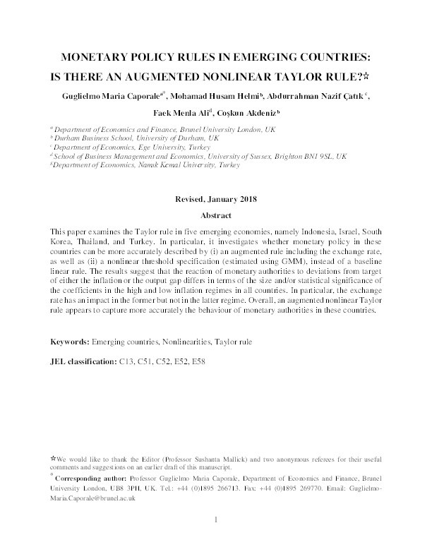 Monetary policy rules in emerging countries: is there an augmented nonlinear Taylor rule? Thumbnail