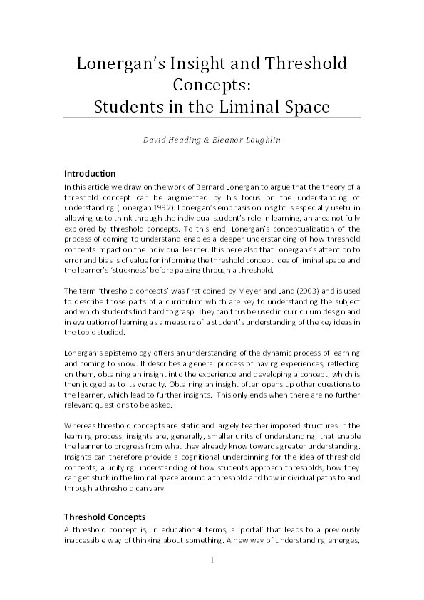 Lonergan's insight and threshold concepts: students in the liminal space Thumbnail