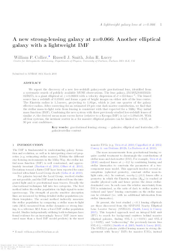 A new strong-lensing galaxy at z=0.066: Another elliptical galaxy with a lightweight IMF Thumbnail