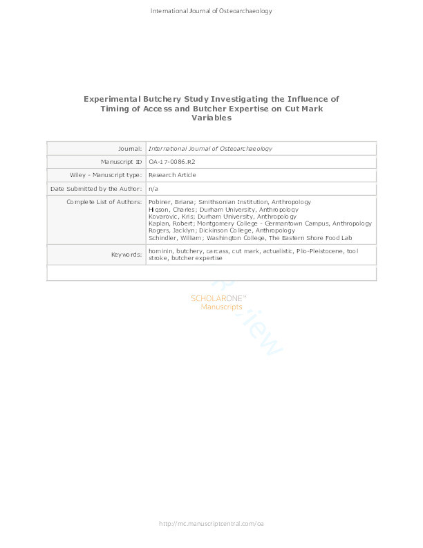 Experimental Butchery Study Investigating the Influence of Timing of Access and Butcher Expertise on Cut Mark Variables Thumbnail