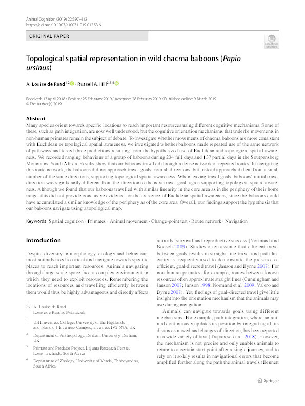 Topological spatial representation in wild chacma baboons (Papio ursinus) Thumbnail