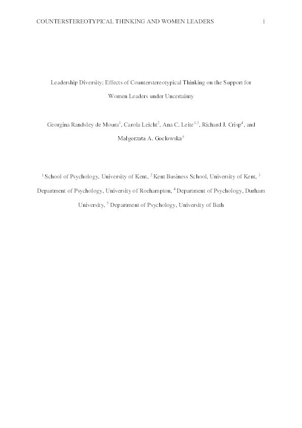 Leadership Diversity: Effects of Counterstereotypical Thinking on the Support for Women Leaders under Uncertainty Thumbnail