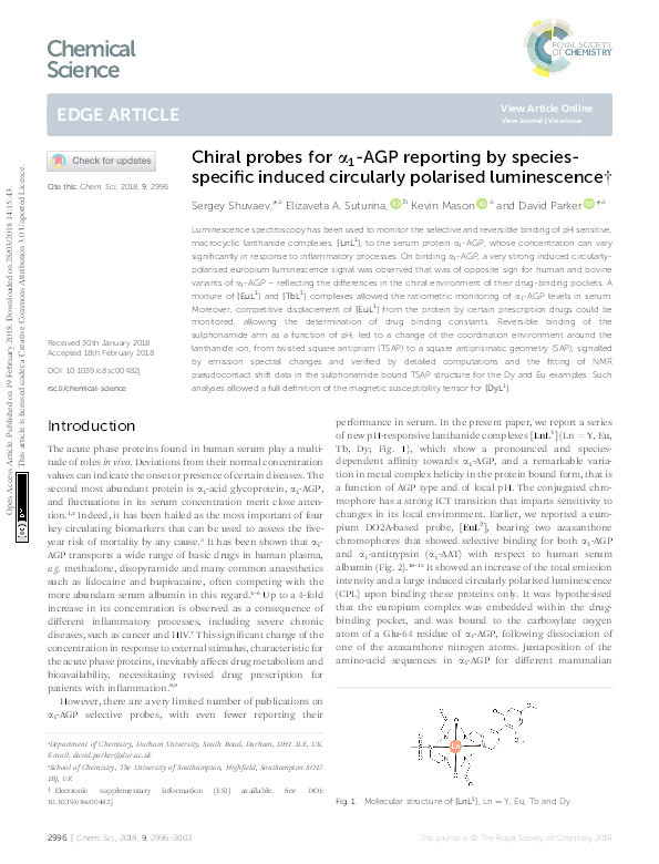 Chiral probes for α1-AGP reporting by species-specific induced circularly polarised luminescence Thumbnail