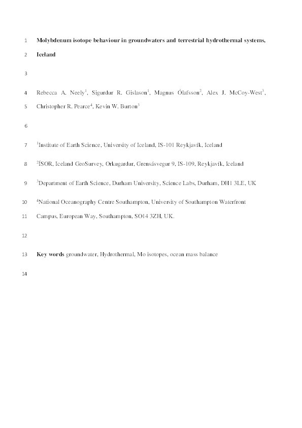 Molybdenum isotope behaviour in groundwaters and terrestrial hydrothermal systems, Iceland Thumbnail