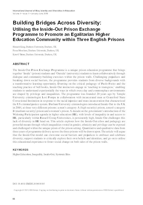 Building Bridges Across Diversity: Utilising the Inside-Out Prison Exchange Programme to promote an egalitarian higher education community within three UK prisons Thumbnail