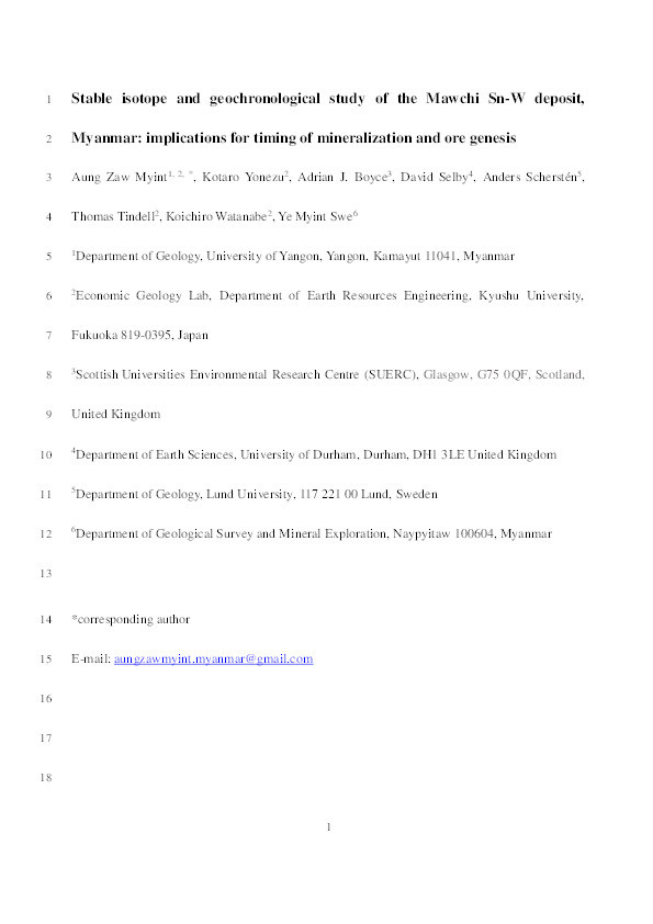 Stable isotope and geochronological study of the Mawchi Sn-W deposit, Myanmar: implications for timing of mineralization and ore genesis Thumbnail