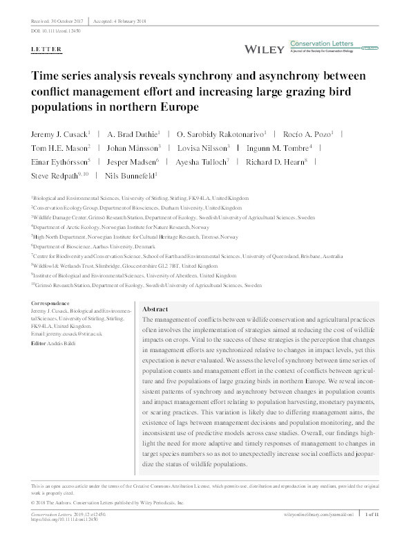 Time series analysis reveals synchrony and asynchrony between conflict management effort and increasing large grazing bird populations in northern Europe Thumbnail