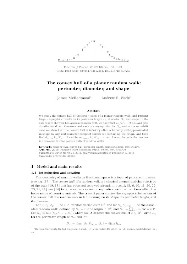 The convex hull of a planar random walk: perimeter, diameter, and shape Thumbnail