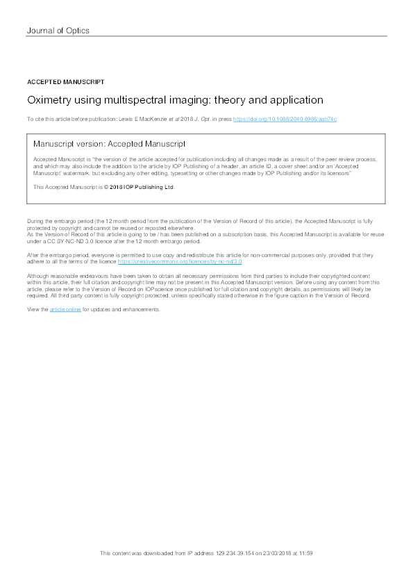 Oximetry using multispectral imaging: theory and application Thumbnail