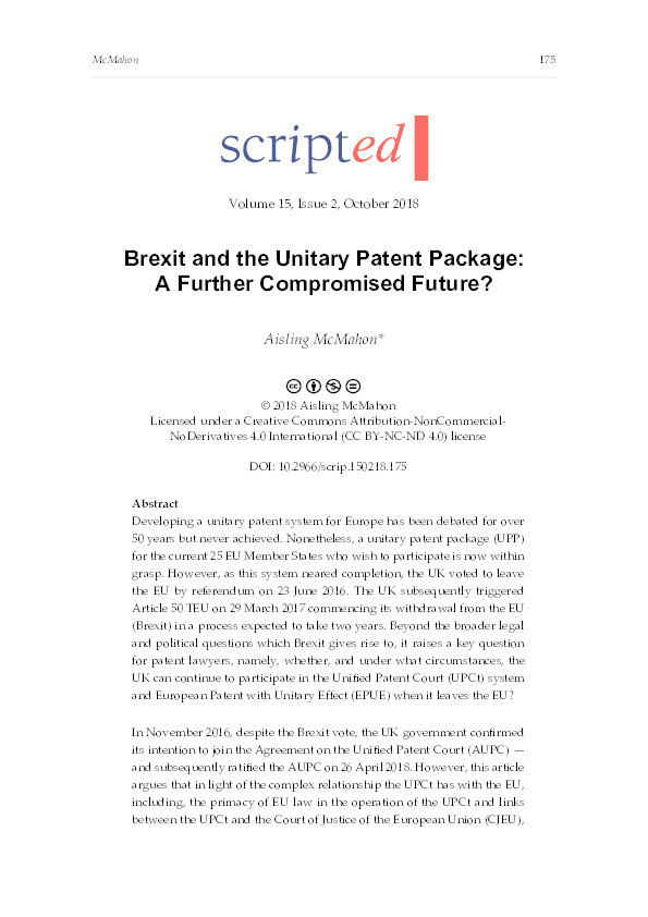Brexit and the Unitary Patent Package: A Further Compromised Future? Thumbnail