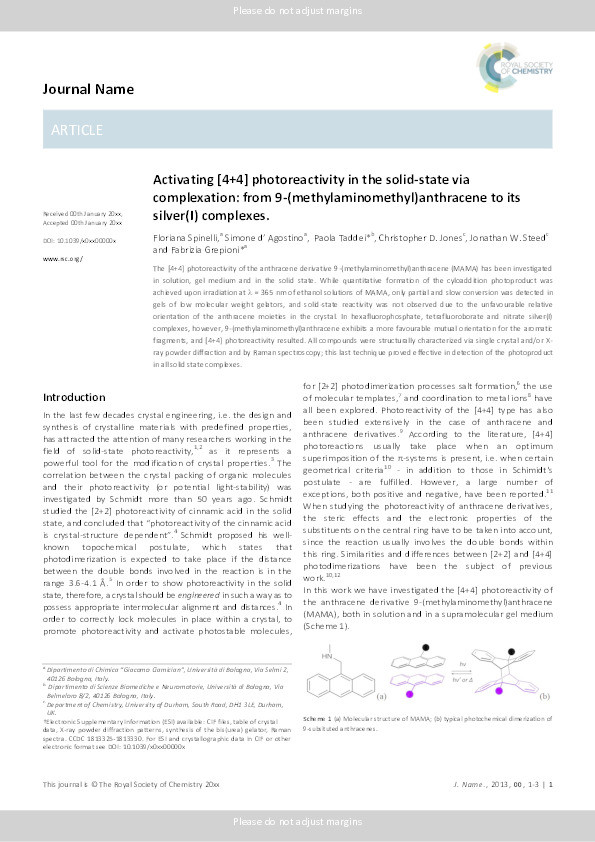 Activating [4+4] photoreactivity in the solid-state via complexation: from 9-(methylaminomethyl)anthracene to its silver(I) complexes Thumbnail