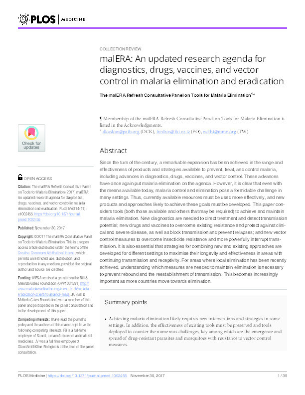malERA: An updated research agenda for diagnostics, drugs, vaccines, and vector control in malaria elimination and eradication Thumbnail