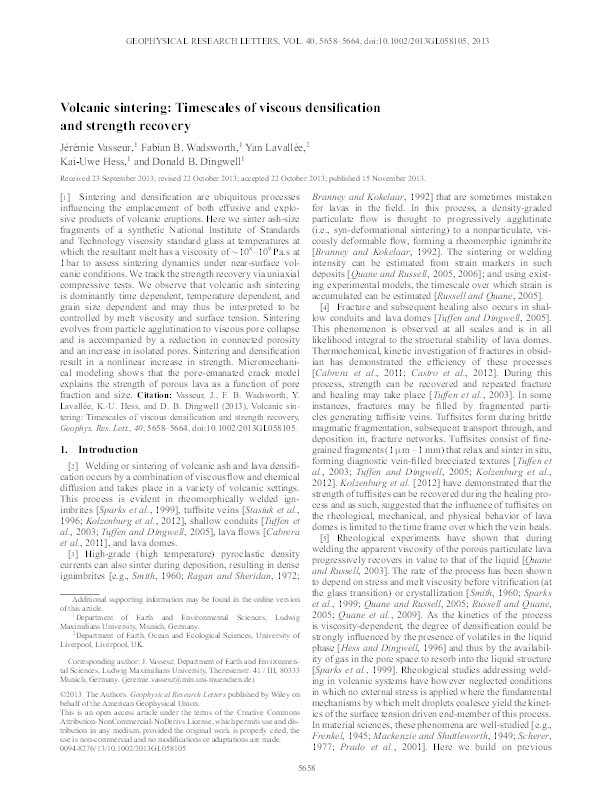 Volcanic sintering: Timescales of viscous densification and strength recovery Thumbnail