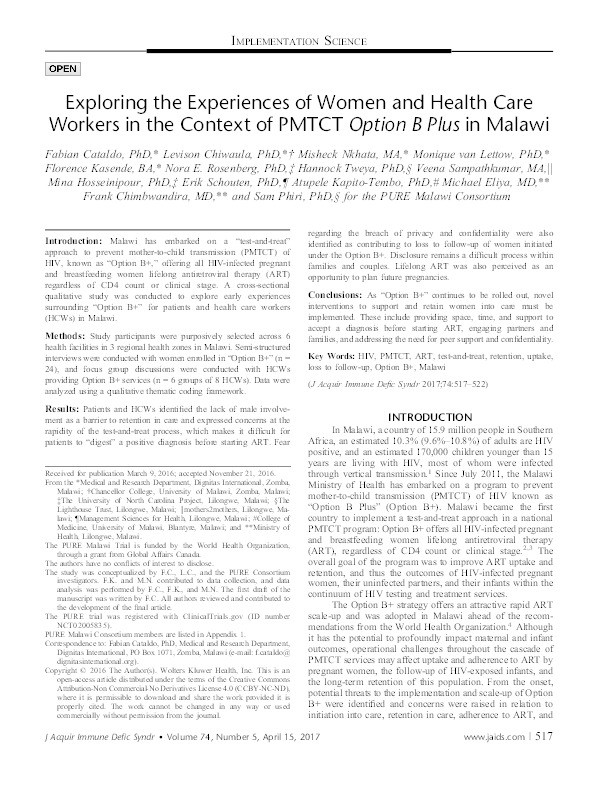 Exploring the Experiences of Women and Health Care Workers in the Context of PMTCT Option B Plus in Malawi Thumbnail