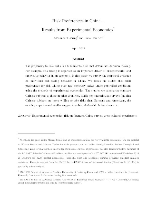 Risk Preferences in China – Results from Experimental Economics Thumbnail