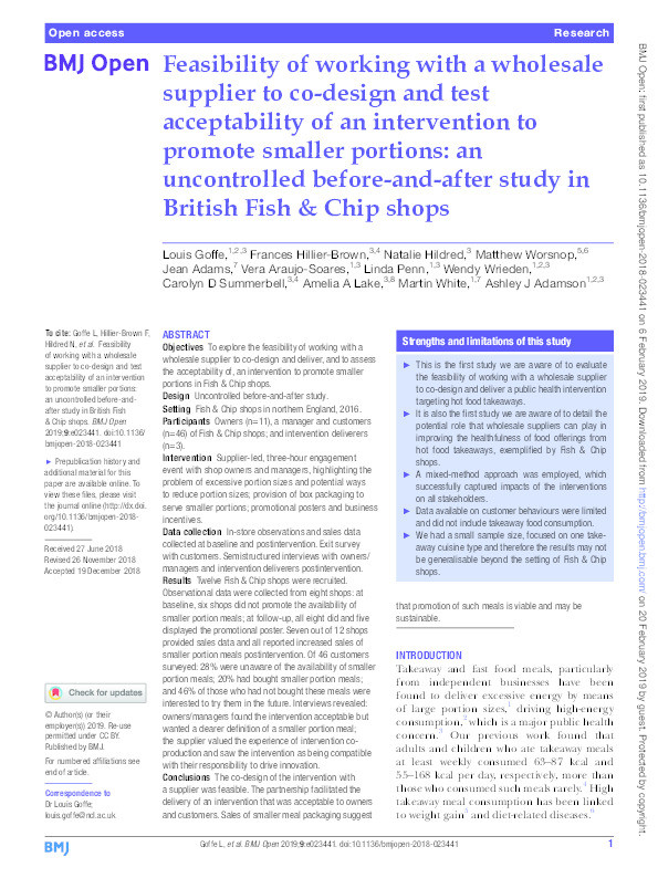 Feasibility of working with a wholesale supplier to co-design and test acceptability of an intervention to promote smaller portions: an uncontrolled before-and-after study in British Fish & Chip shops Thumbnail