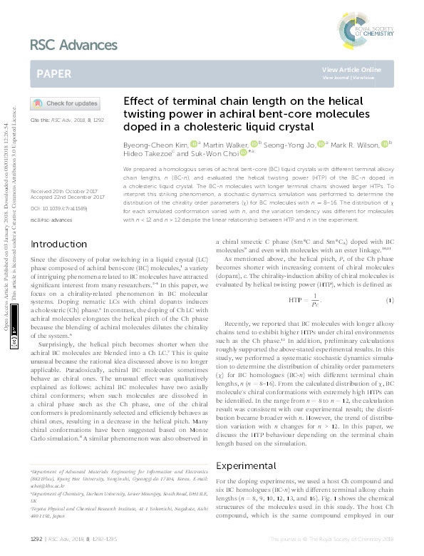 Effect of terminal chain length on the helical twisting power in achiral bent-core molecules doped in a cholesteric liquid crystal Thumbnail