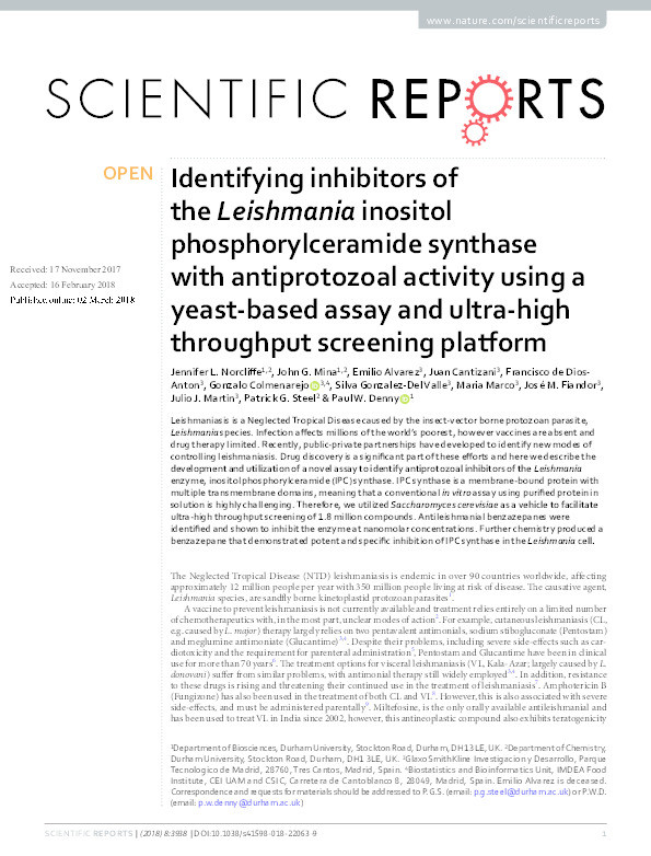 Identifying inhibitors of the Leishmania inositol phosphorylceramide synthase with antiprotozoal activity using a yeast-based assay and ultra-high throughput screening platform Thumbnail
