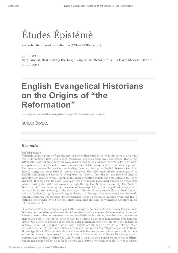 English Evangelical Historians on the Origins of “the Reformation” Thumbnail