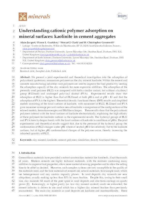 Understanding cationic polymer adsorption on mineral surfaces: kaolinite in cement aggregates Thumbnail