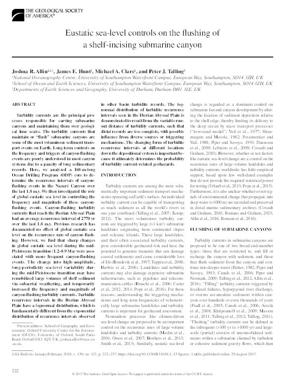 Eustatic sea-level controls on the flushing of a shelf-incising submarine canyon Thumbnail