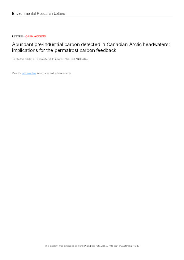 Abundant pre-industrial carbon detected in Canadian Arctic headwaters: implications for the permafrost carbon feedback Thumbnail