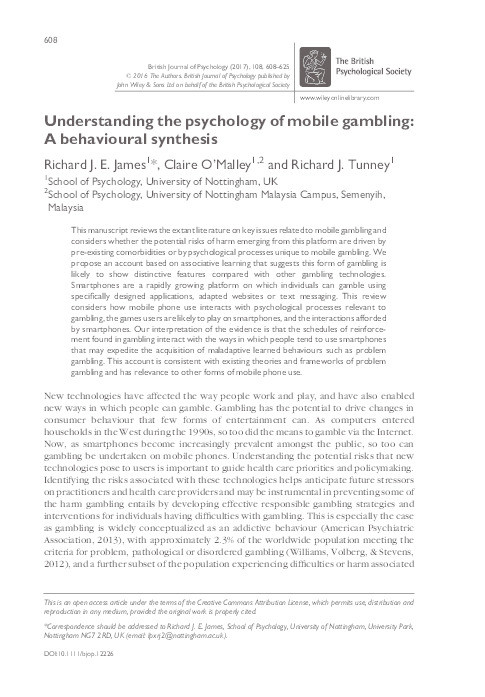 Understanding the psychology of mobile gambling: A behavioural synthesis Thumbnail